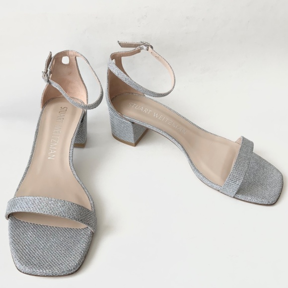 Stuart Weitzman Nudistcurve 35 Silver Block Heel Ankle Strap Sandals Pumps 10.5 - Picture 7 of 9